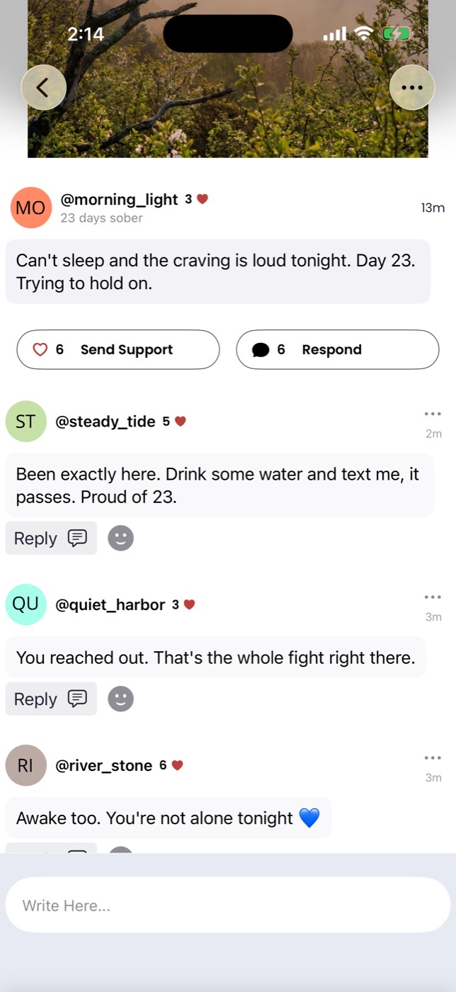 A 2 a.m. post, Day 23, with 6 supports sent and replies such as Been exactly here, You reached out, and Awake too