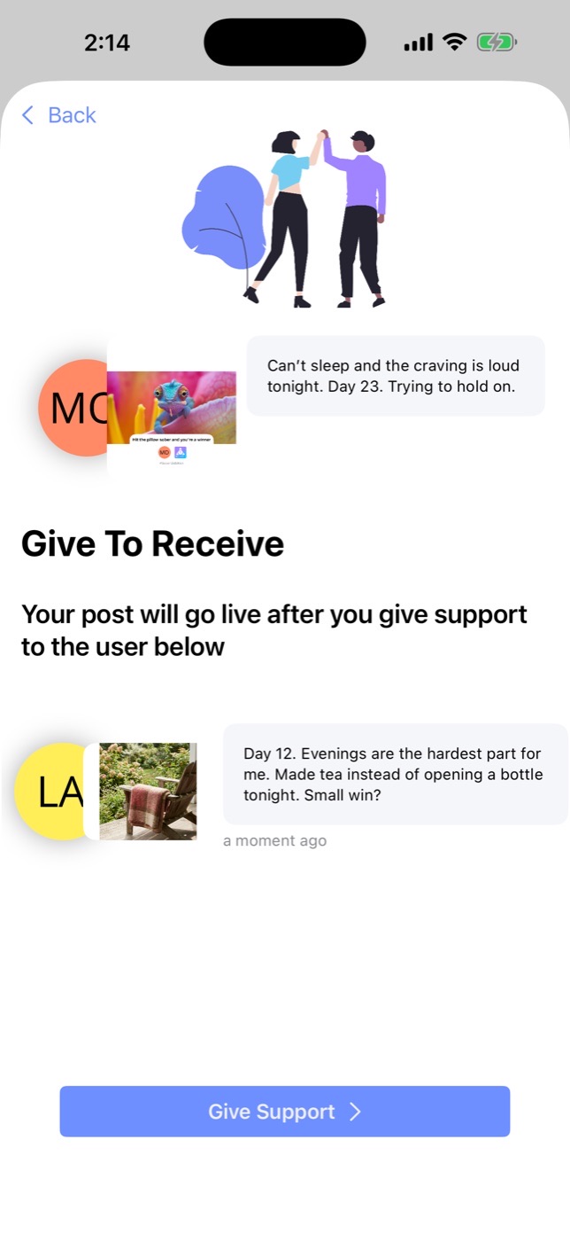Give To Receive: your post will go live after you give support to the user below, showing a Day 12 post to support and a Give Support button
