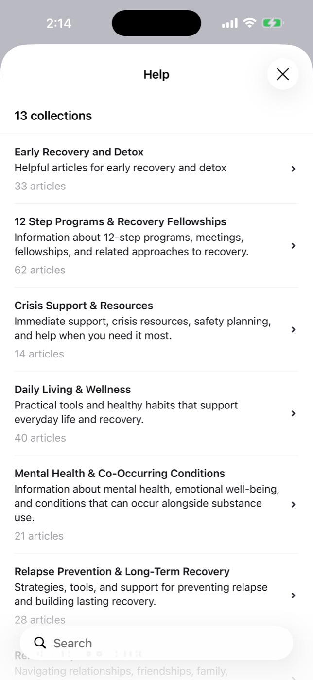 Help library with 13 collections, including Early Recovery and Detox, 12 Step Programs, Crisis Support, and Relapse Prevention