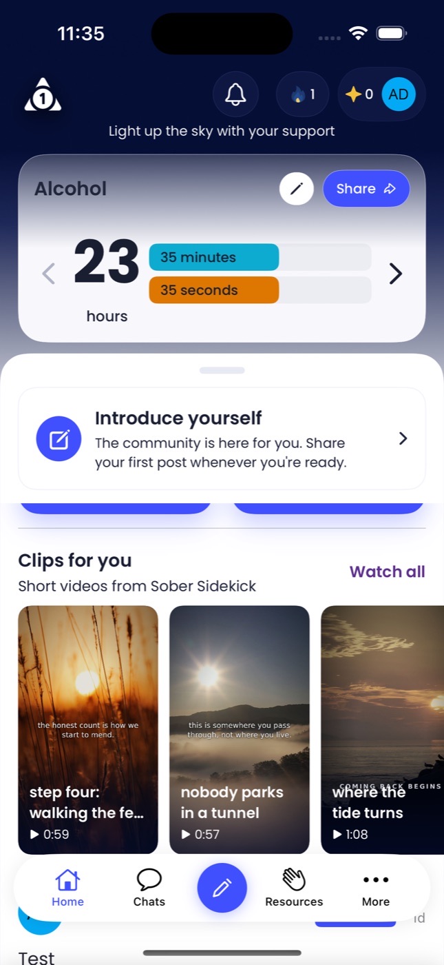 Home screen with a 23-hour sobriety timer and an Introduce yourself card reading The community is here for you