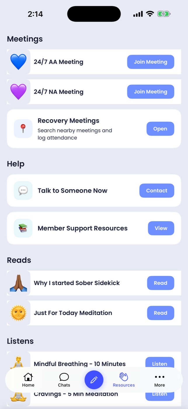 Resources tab with 24/7 AA Meeting and 24/7 NA Meeting join buttons, Recovery Meetings nearby, Talk to Someone Now and Member Support Resources